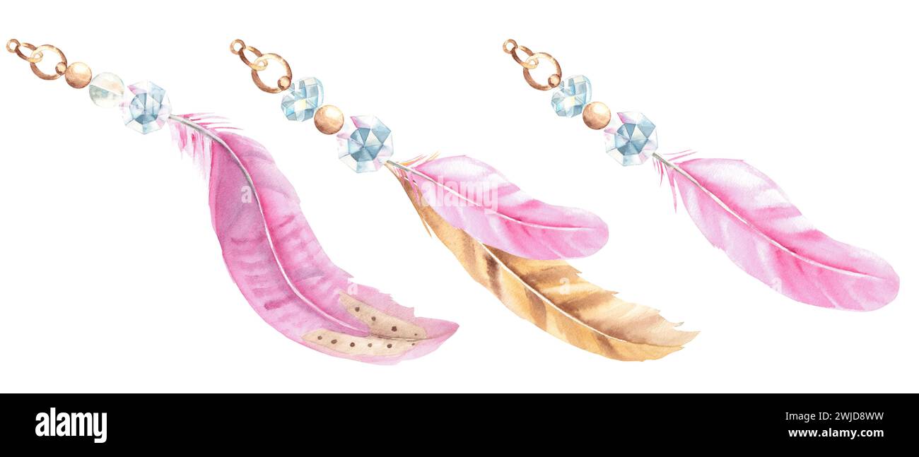 Set of watercolor compositions from pale beige and pink feathers ...