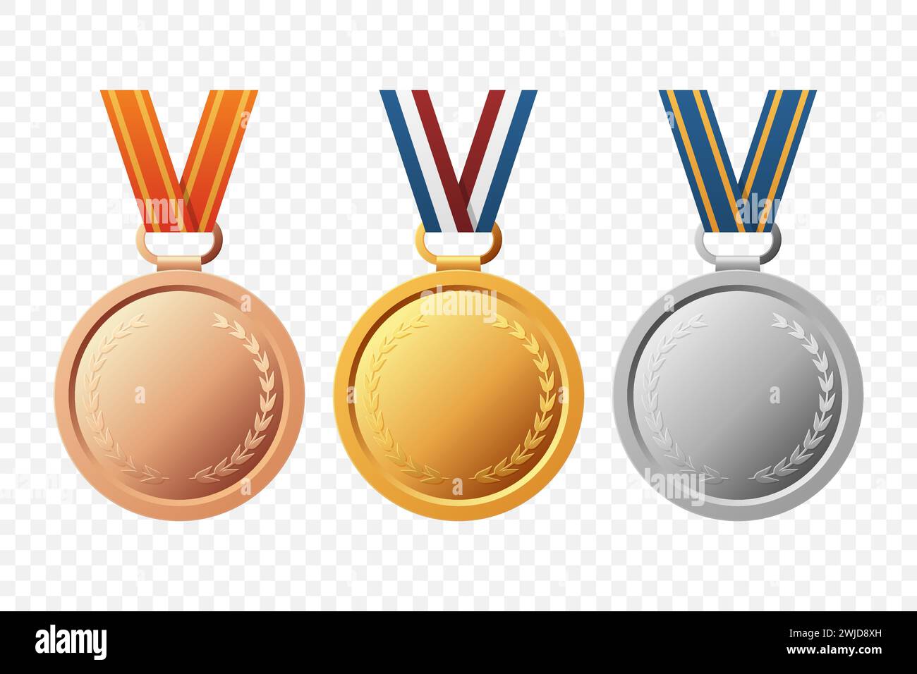 Vector Gold, Silver, and Bronze Award Medal Icon Set with Color Ribbons Close-up Isolated. First, Second, Third Place Prizes. Sport Tournament Victory Stock Vector