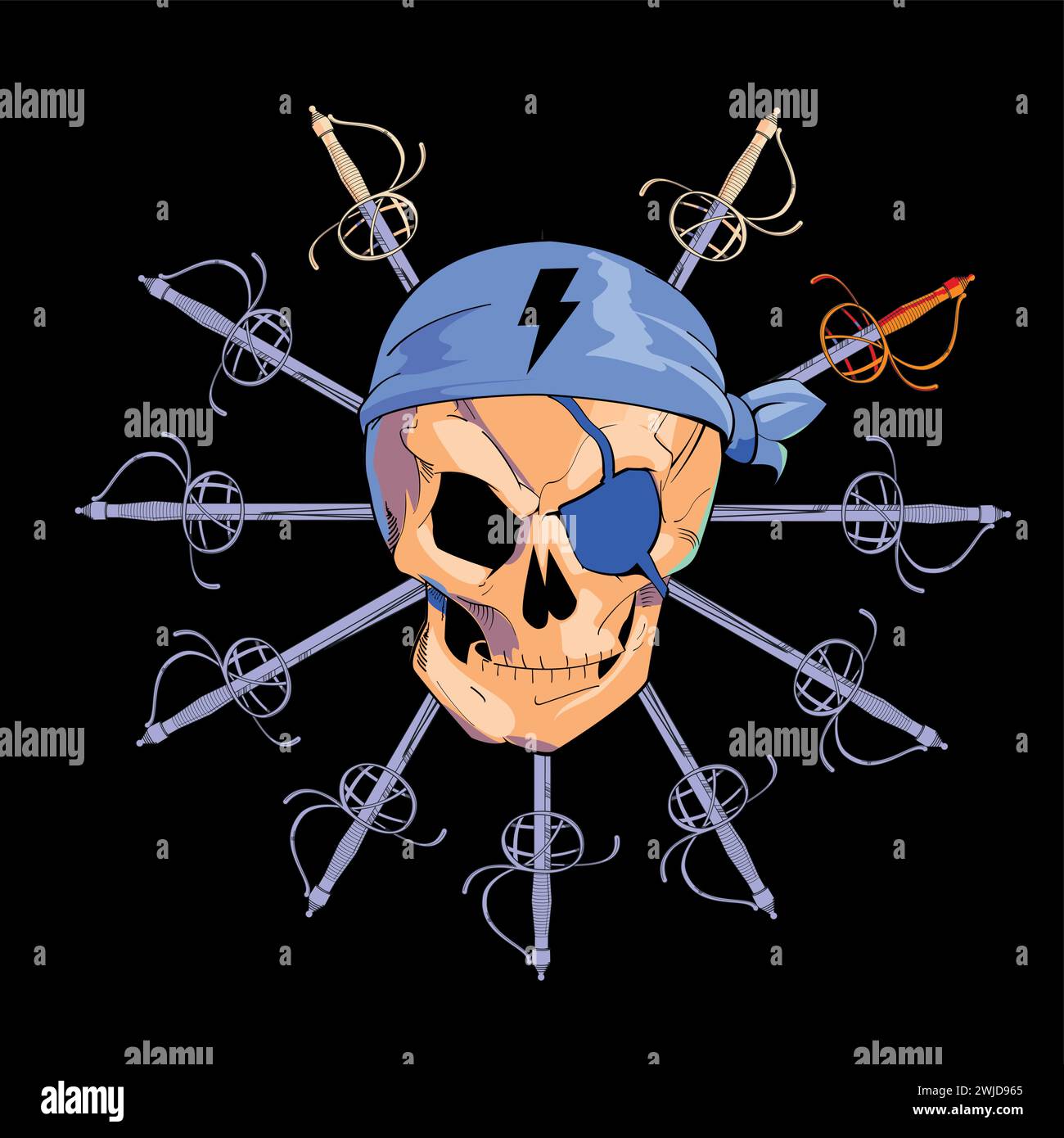 T-shirt design with a pirate skull with a thunder symbol and a set of Renaissance swords in a circular design on a black background. Stock Vector