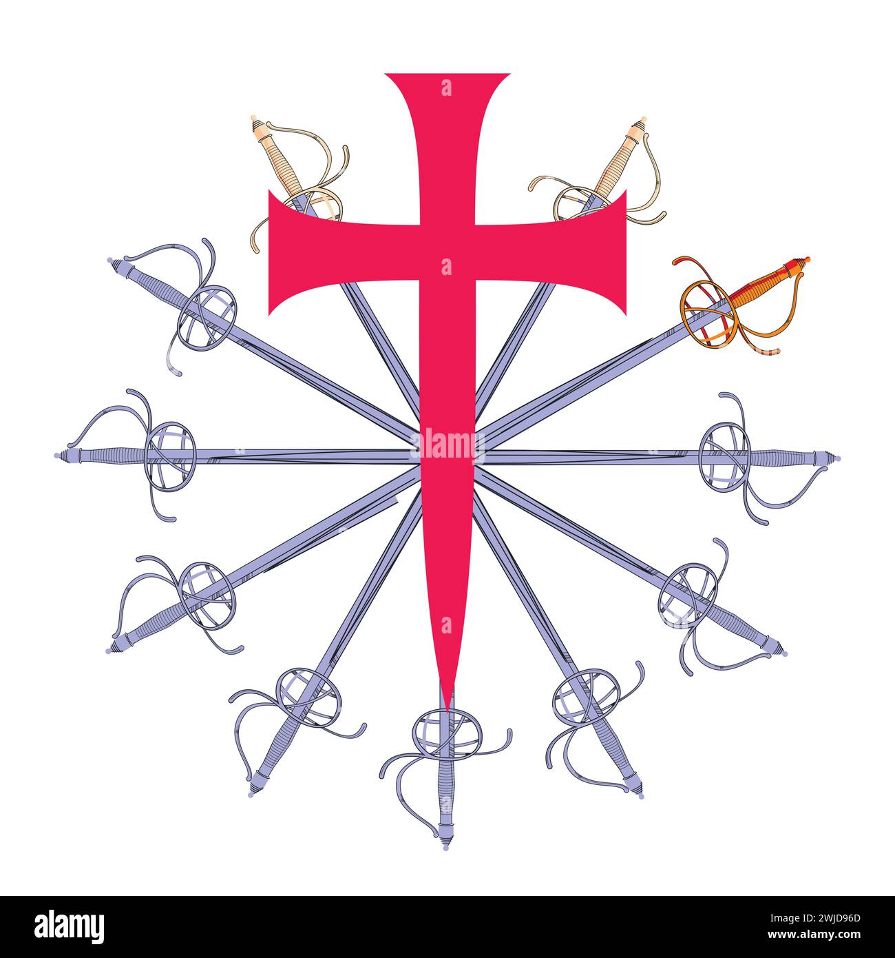 T-shirt design of a large medieval cross with a set of Renaissance swords in a circle. Stock Vector