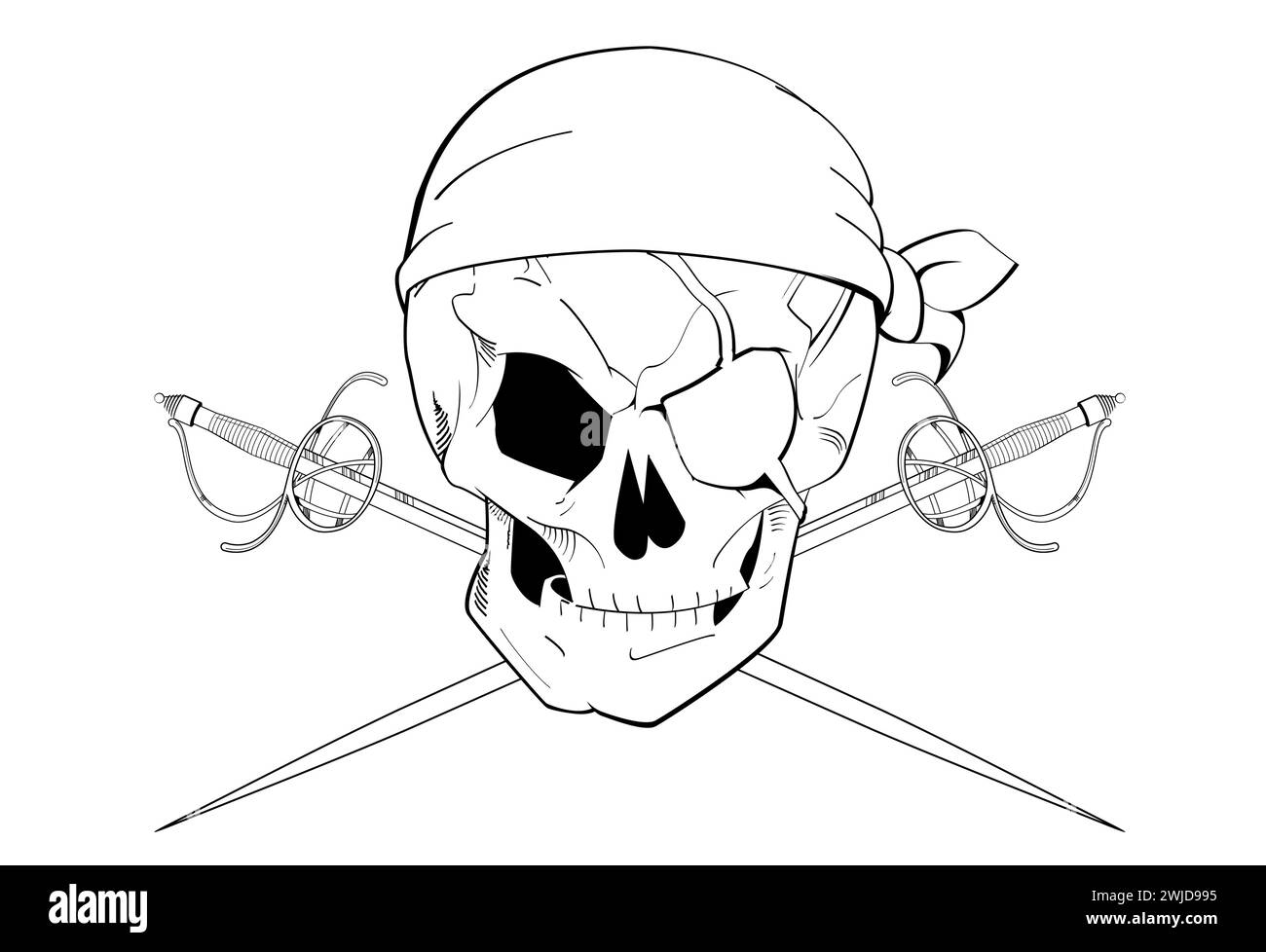 Pirate skull t-shirt design with an eye patch and two crossed swords. Monochrome illustration for tattoos. Stock Vector