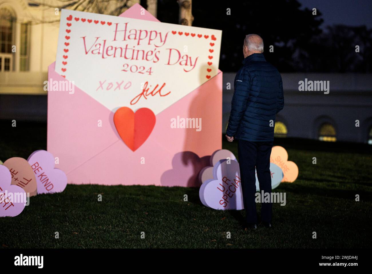 Washington, United States. 14th Feb, 2024. President Joe Biden and First Lady Jill Biden view Valentine's Day decorations on the North Lawn of the White House on February 14, 2024 in Washington, DC (Photo by Samuel Corum/Sipa USA) Credit: Sipa USA/Alamy Live News Stock Photo