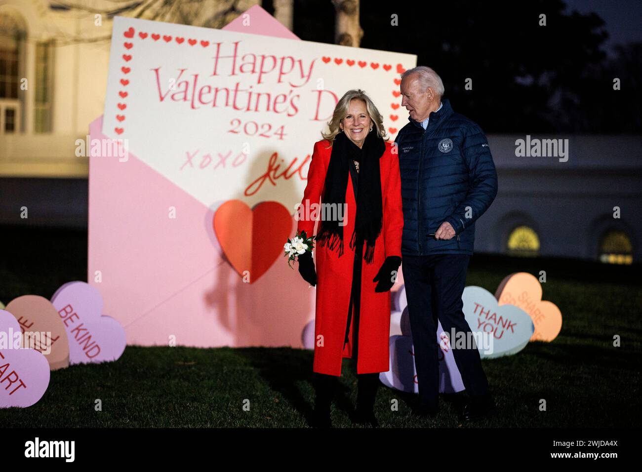 Washington, United States. 14th Feb, 2024. President Joe Biden and First Lady Jill Biden view Valentine's Day decorations on the North Lawn of the White House on February 14, 2024 in Washington, DC (Photo by Samuel Corum/Pool/ABACAPRESS.COM) Credit: Abaca Press/Alamy Live News Stock Photo