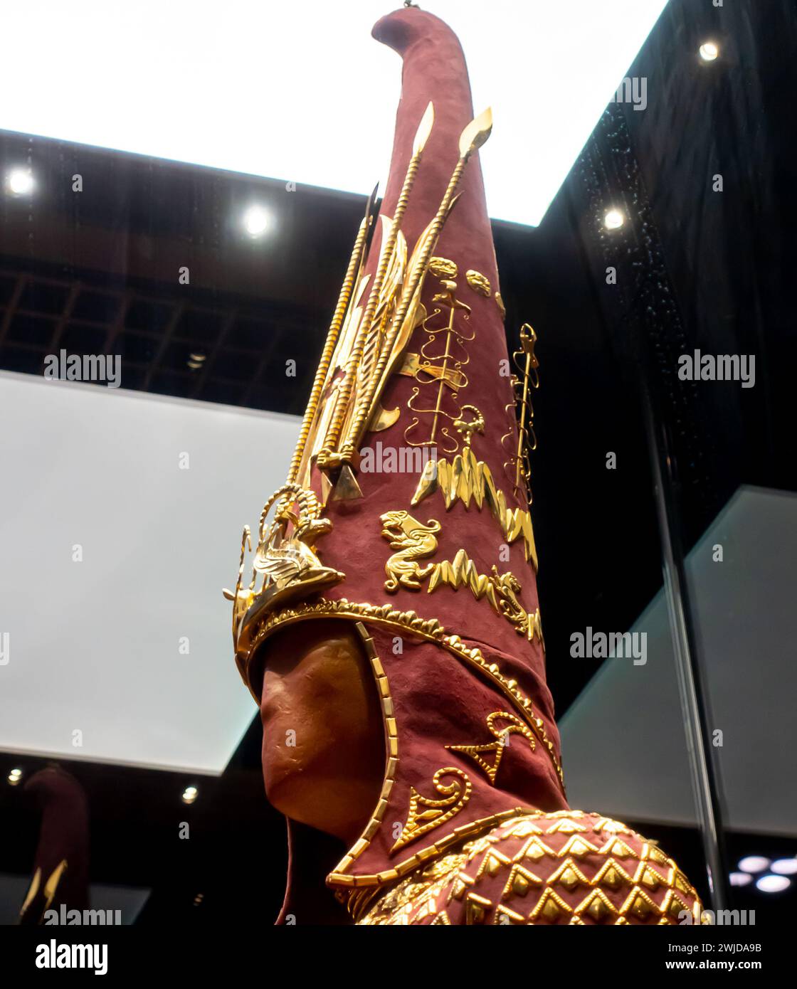 Golden Man; a young noble Saka warrior; 5th -4th century B.C.. Reconstruction of costume and equipment, Museum in Astana, Nur-Sultan, Kazakhstan Stock Photo