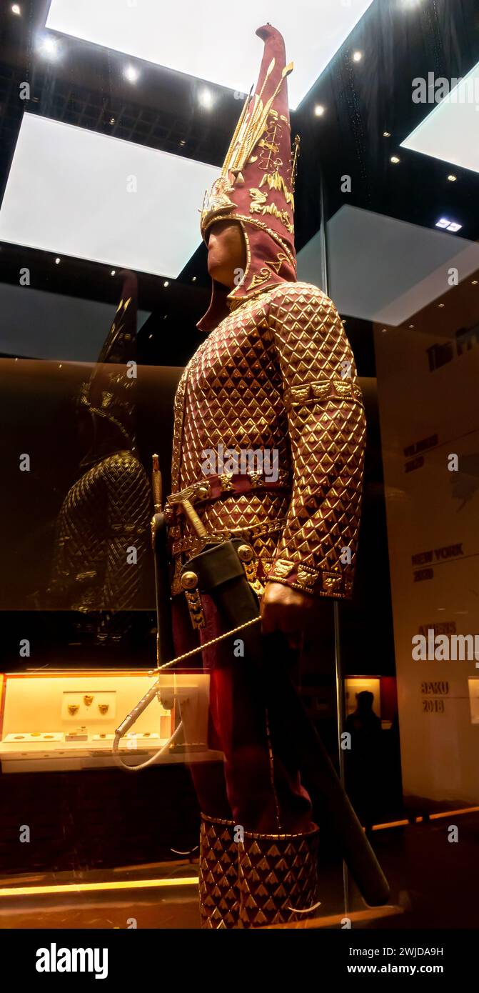 Golden Man; a young noble Saka warrior; 5th -4th century B.C.. Reconstruction of costume and equipment, Museum in Astana, Nur-Sultan, Kazakhstan Stock Photo
