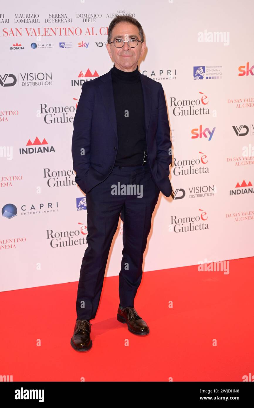 Rome, Italy. 14th Feb, 2024. Pino Strabioli attends the red carpet of movie 'Romeo è Giulietta' at The Space Cinema Moderno. Credit: SOPA Images Limited/Alamy Live News Stock Photo