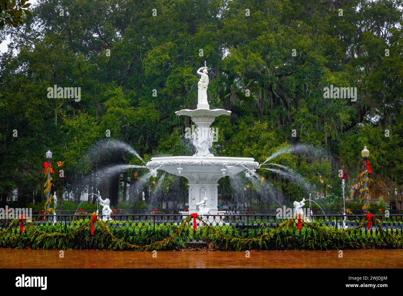 Beautiful vintage fountain at Forsyth Park in Savannah Georgia local attraction Stock Photo