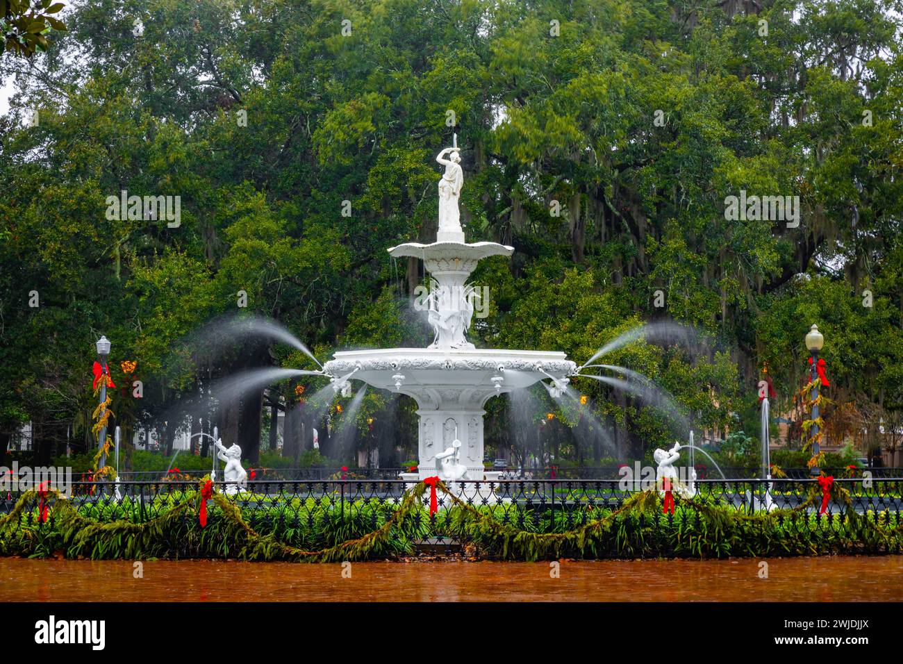 Beautiful vintage fountain at Forsyth Park in Savannah Georgia local attraction Stock Photo
