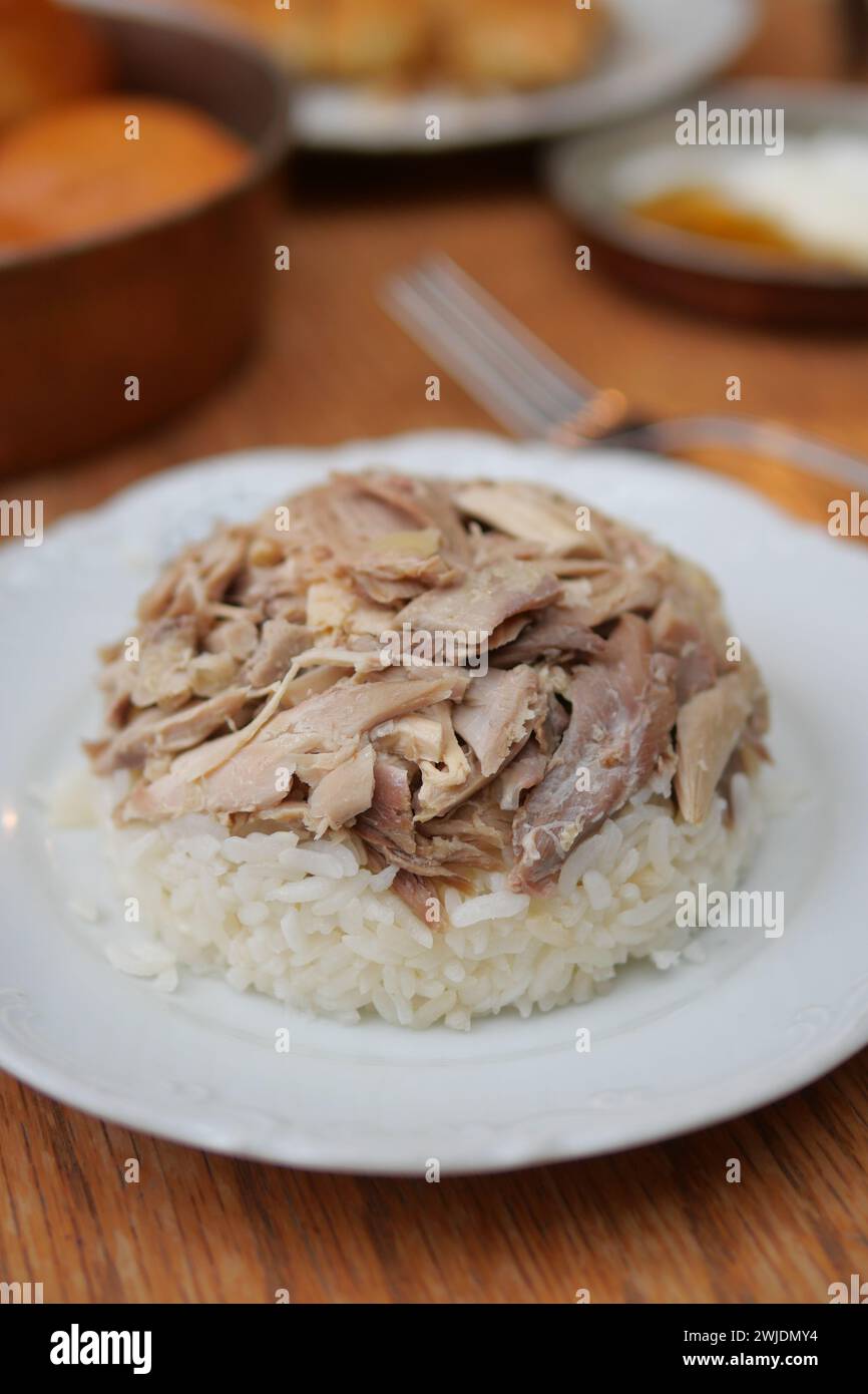 Boiled chicken, steamed rice, pink plate Stock Photo - Alamy
