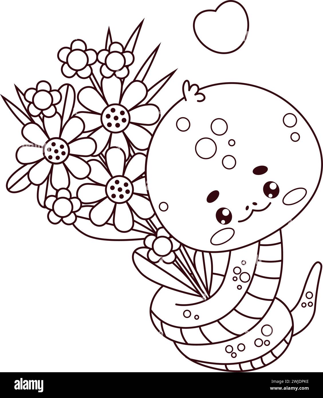 Cute snake with flowers. Romantic reptile kawaii character. Line drawing, coloring book. Vector illustration with cartoon love serpent Stock Vector