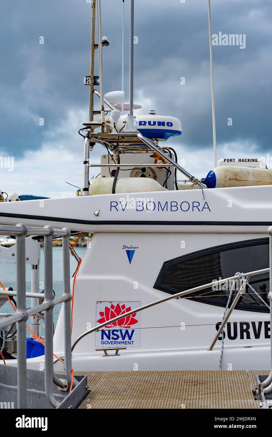 RV Bombora is a 2009 Australian built 11.8m Stebercraft, fibreglass monohull inshore survey vessel owned by the NSW Office of Environment and Heritage Stock Photo