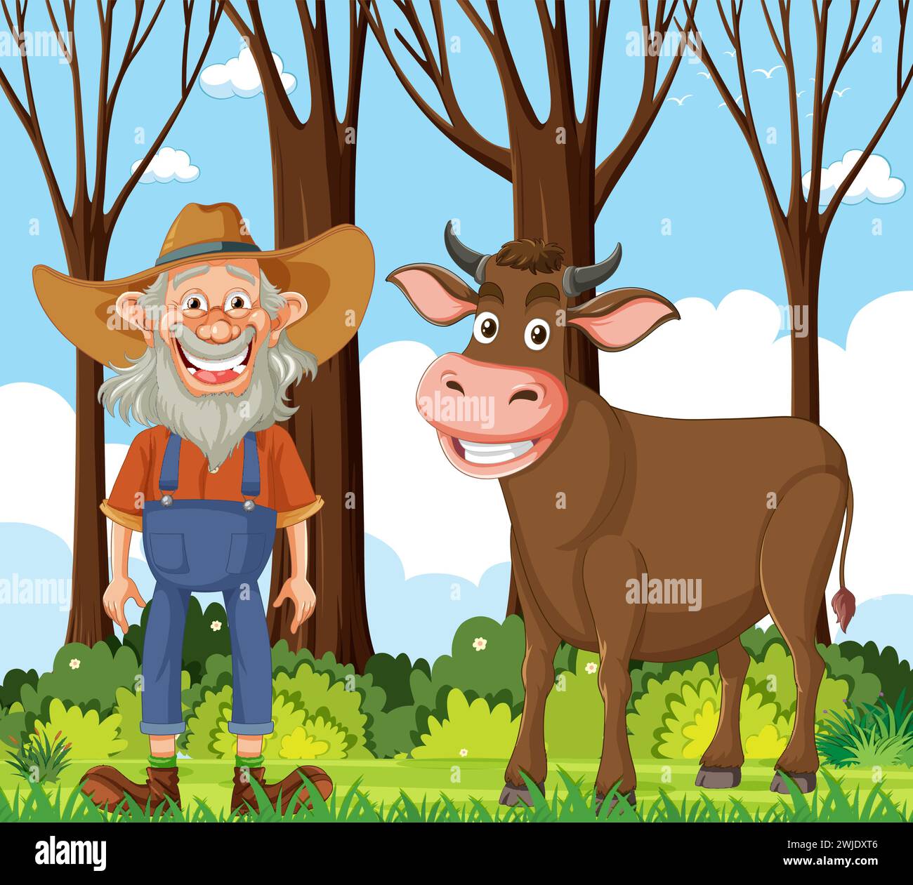 Cartoon of a cheerful farmer standing with a cow Stock Vector Image ...
