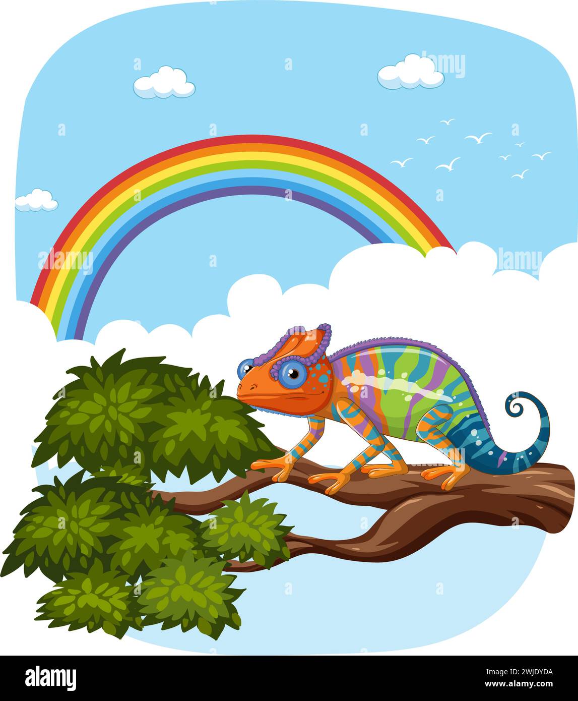 Vibrant chameleon on a branch under a rainbow Stock Vector