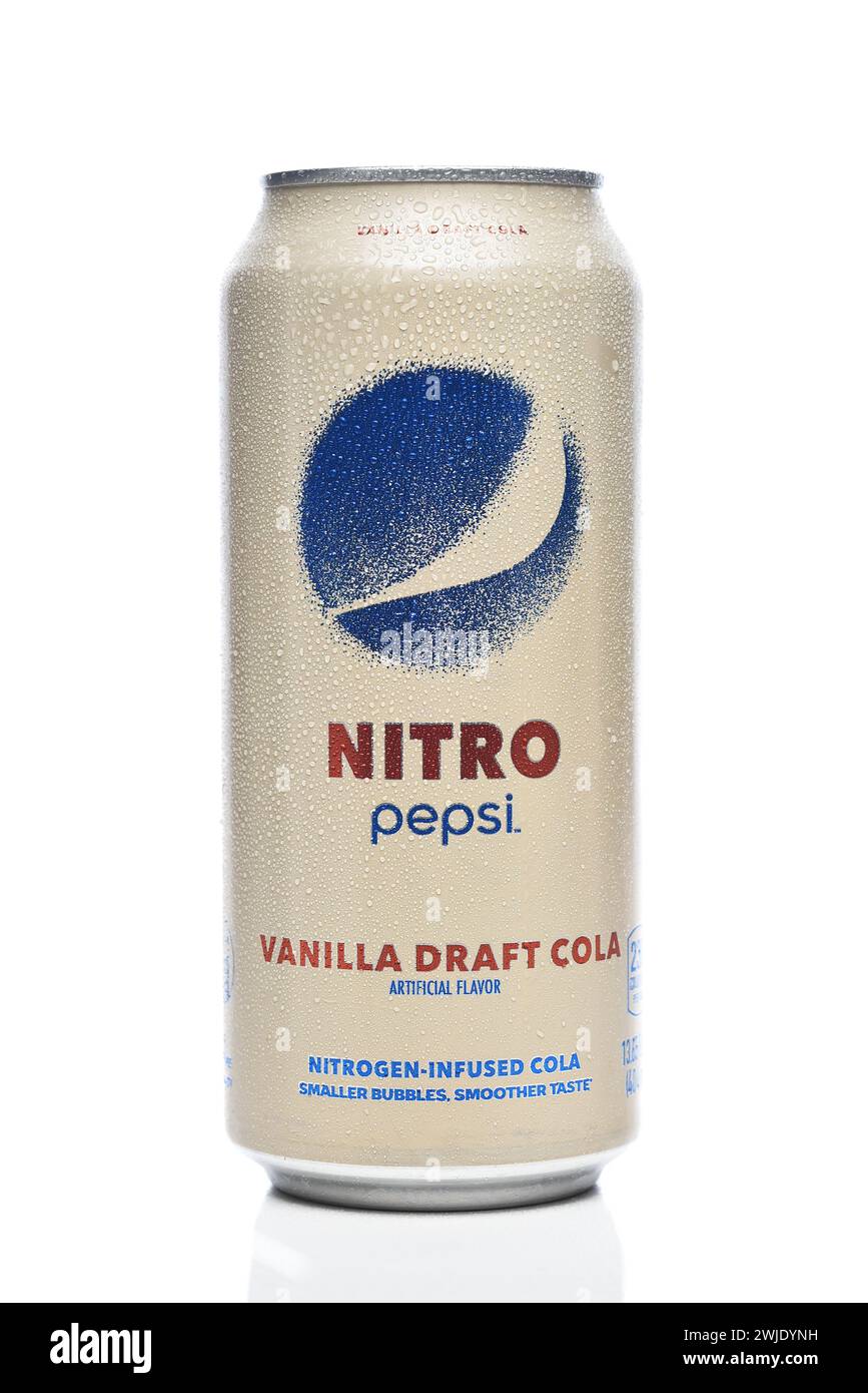 IRVINE, CALIFORNIA- 12 FEB 2024: A can of Pepsi Nitro Vanilla Draft Cola, with condensation. Stock Photo