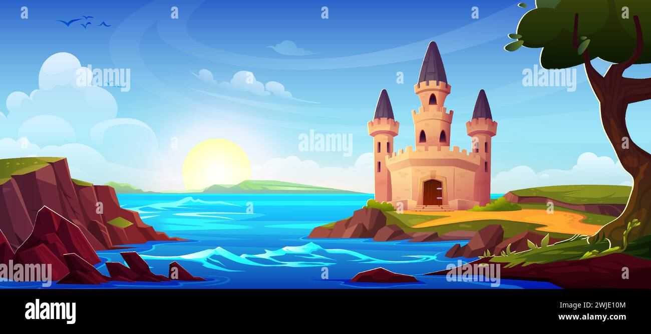Fairytale medieval castle with stone walls, high tower, windows and gate doors standing on shore of sea or river on summer sunny day. Cartoon landscape with kingdom palace. Royal mansion with road. Stock Vector