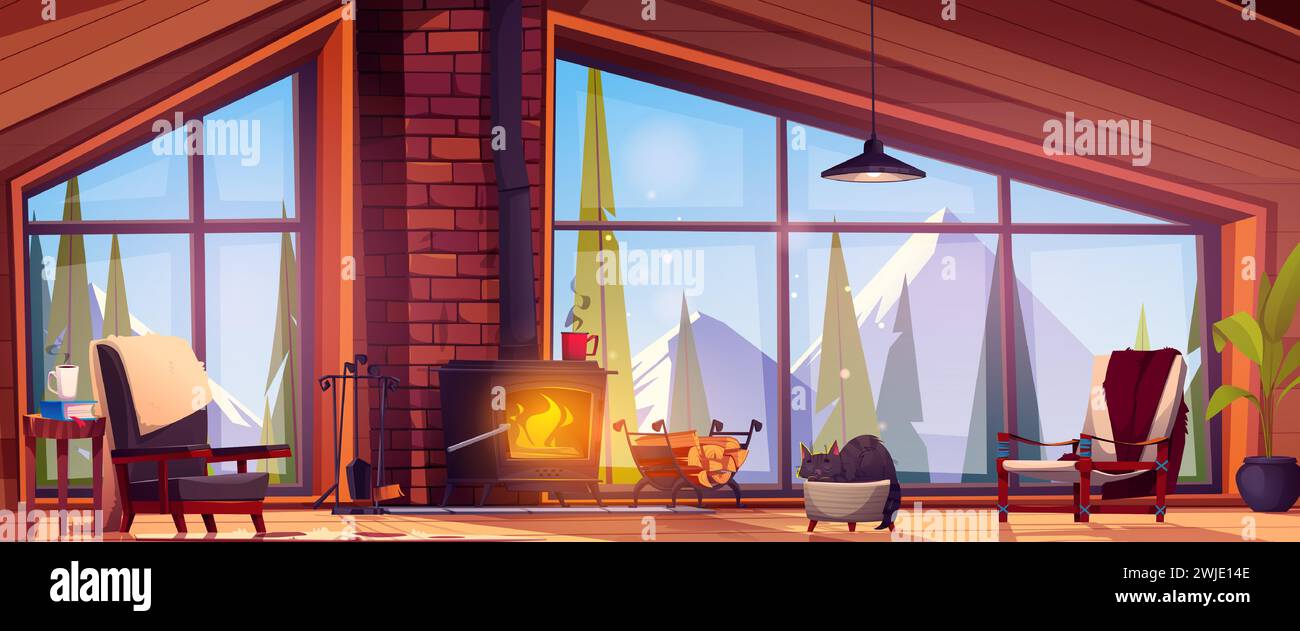 Wooden chalet interior with fireplace. Vector cartoon illustration of cat sleeping in warm living room, vintage armchairs near fire, book on table, winter mountain and fir tree forest view in window Stock Vector