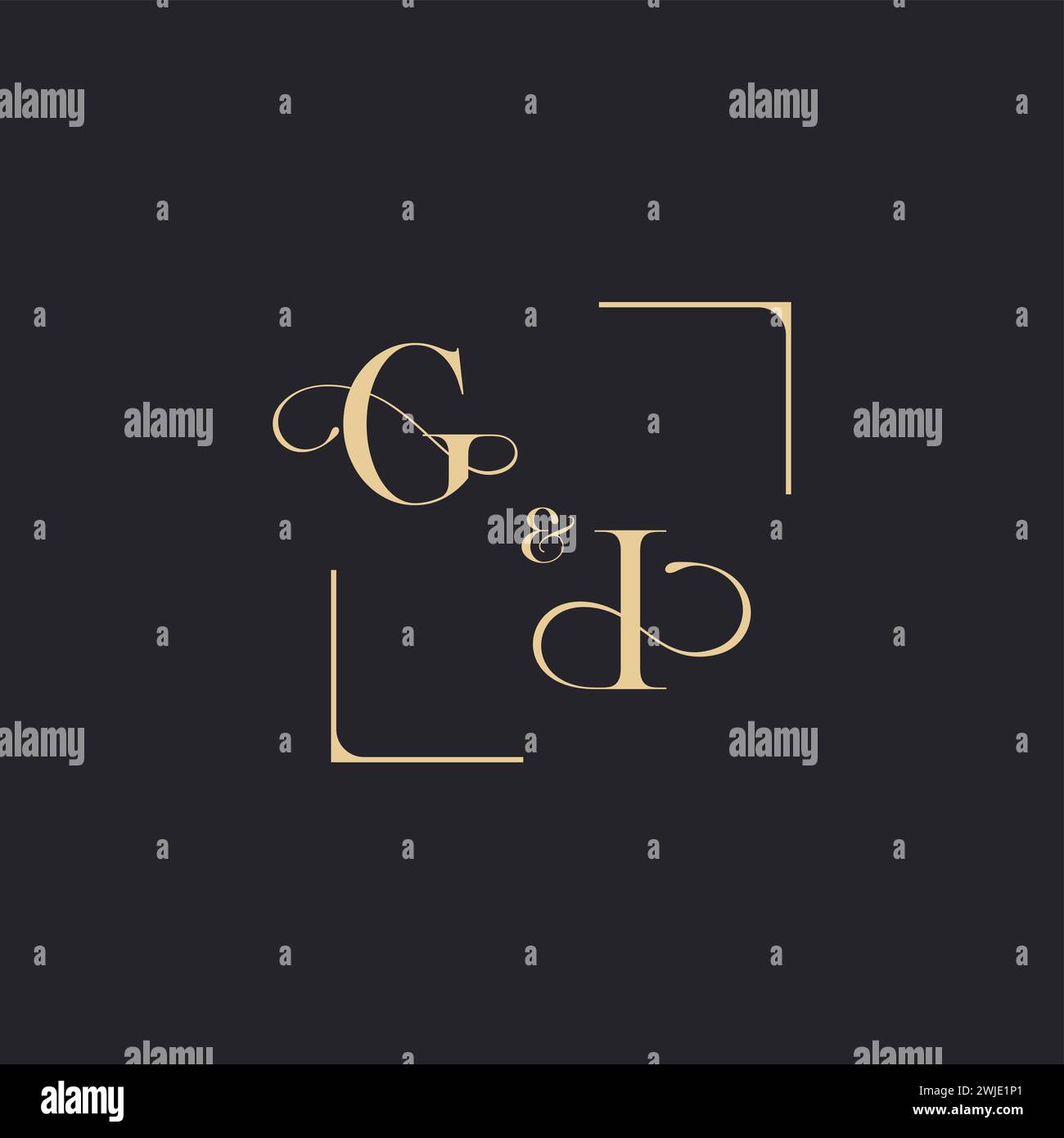 GI simple concept of wedding outline logo and square of initial design gold in white background Stock Vector