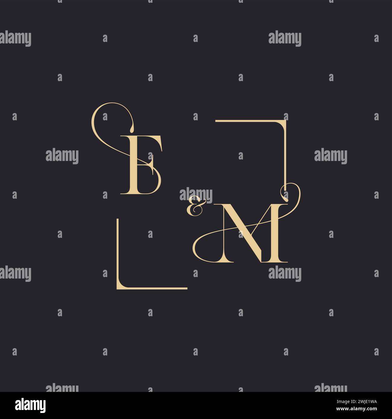 FM simple concept of wedding outline logo and square of initial design gold in white background Stock Vector