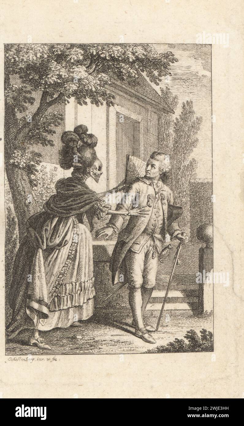The skeleton of Death in dress, shawl and bouffant hairstyle as a prostitute embraces a libertine, 18th century. Gentleman in wig, riding coat, breeches, with cane and sword. Death and the philanderer. Bartered Expectations. Getauschte Erwartung. Copperplate engraving by drawn and engraved by Johann Rudolf Schellenberg from Johan Karl Musaus’s Freund Heins Erscheinungen in Holbeins Manier, (Apparitions of Death in the manner of Holbein), Heinrich Steiner, Winterthur, 1785. Stock Photo