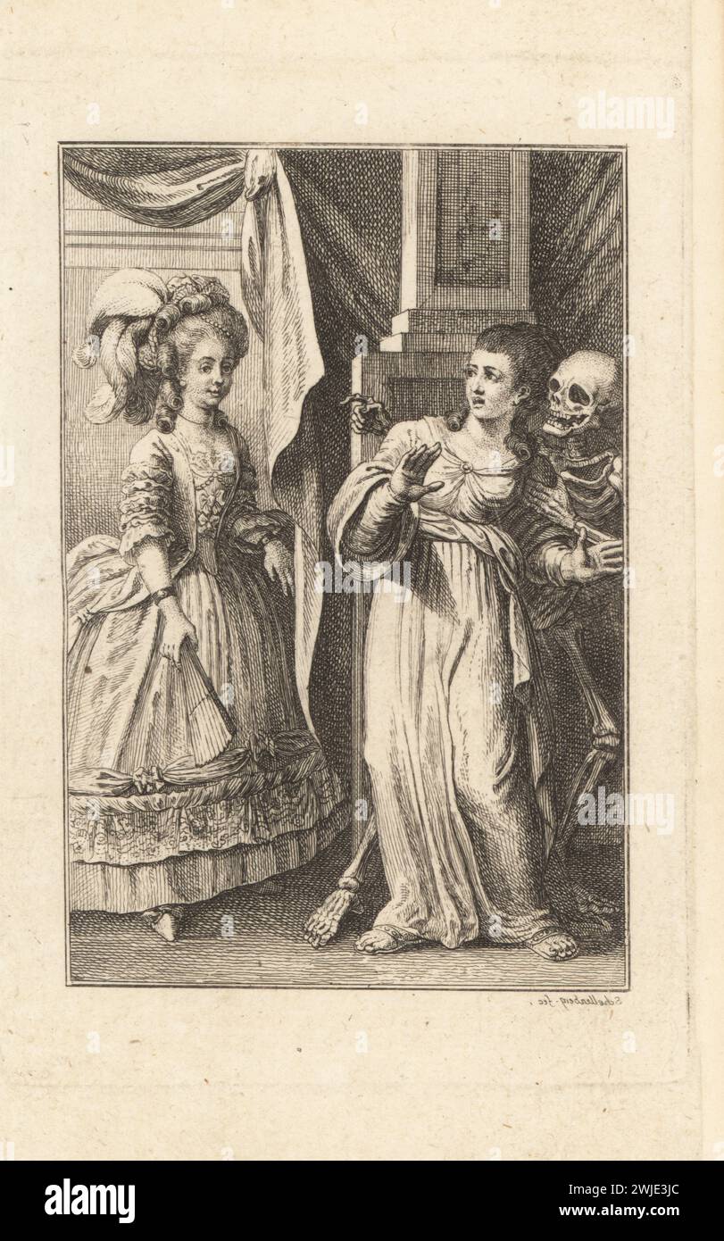 The skeleton of Death leads away a Roman woman while pointing to a Viennese woman with a bony hand, 18th century. Viennese and Roman women. Signature in mirror writing. Wienerin und Romerin. Copperplate engraving by drawn and engraved by Johann Rudolf Schellenberg from Johan Karl Musaus’s Freund Heins Erscheinungen in Holbeins Manier, (Apparitions of Death in the manner of Holbein), Heinrich Steiner, Winterthur, 1785. Stock Photo