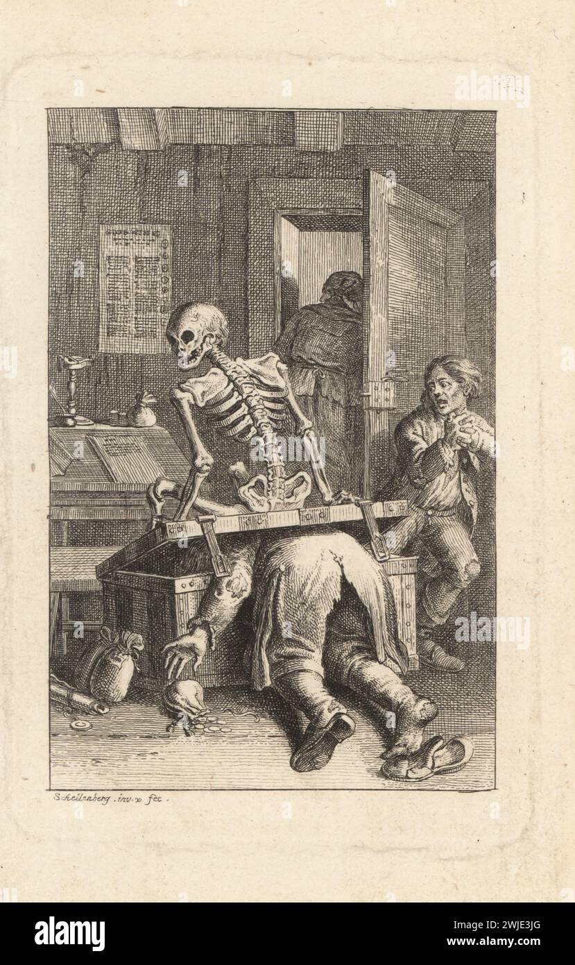 The skeleton of Death crushing a usurer in his money chest, 18th century. The miser drops bags of gold coins on the floor, while his clerks watch in horror or flee. The loan shark. Der Wucherer. Copperplate engraving by drawn and engraved by Johann Rudolf Schellenberg from Johan Karl Musaus’s Freund Heins Erscheinungen in Holbeins Manier, (Apparitions of Death in the manner of Holbein), Heinrich Steiner, Winterthur, 1785. Stock Photo