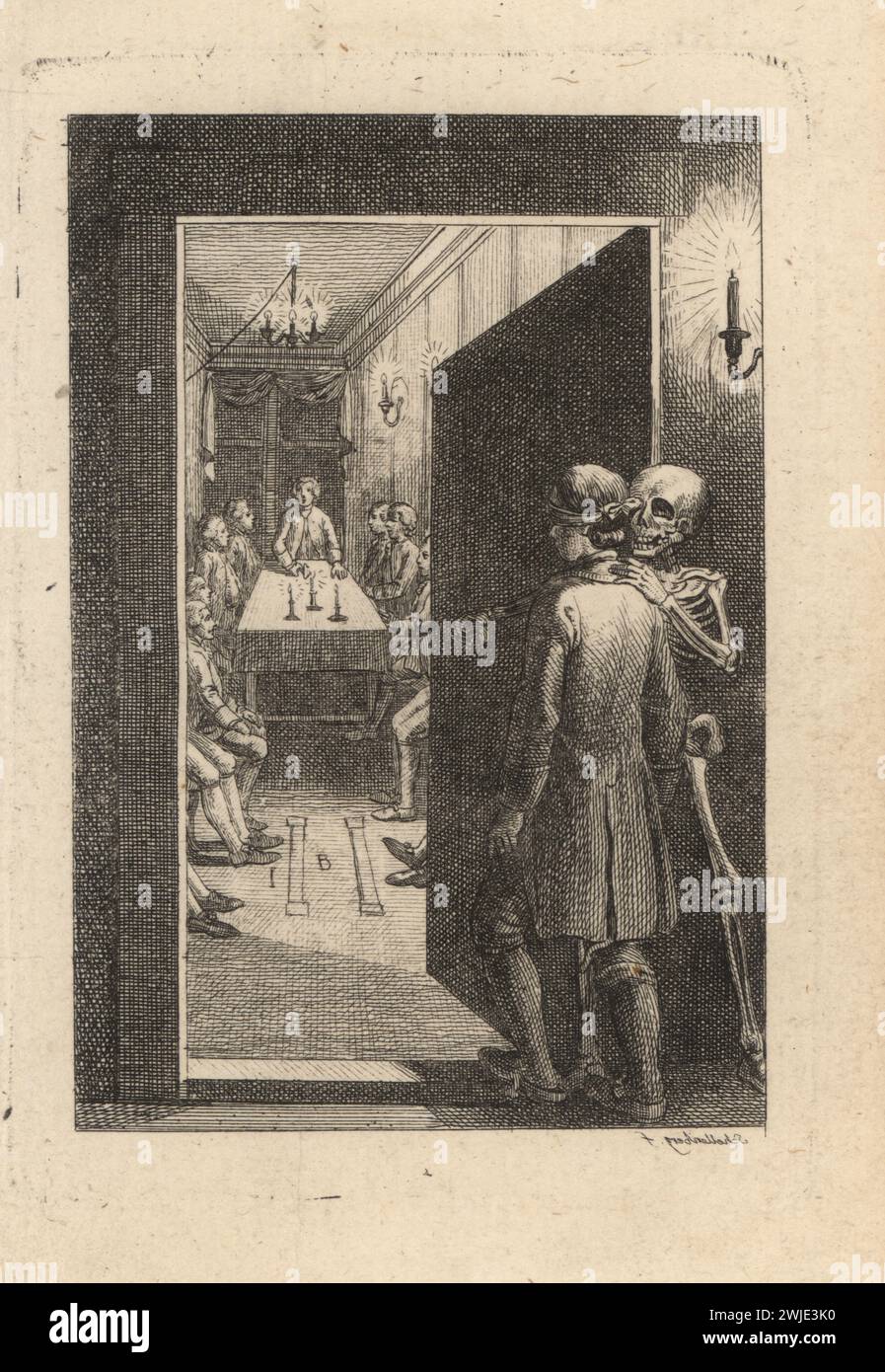 The skeleton of Death guides an initiate to a ceremony at a Masonic Lodge, 18th century. The initiate is blindfolded and enters a room with many men sitting around a table with candles. The Masonic lodge. Signature in mirror writing. Die Loge der Verschwiegenheit. Copperplate engraving by drawn and engraved by Johann Rudolf Schellenberg from Johan Karl Musaus’s Freund Heins Erscheinungen in Holbeins Manier, (Apparitions of Death in the manner of Holbein), Heinrich Steiner, Winterthur, 1785. Stock Photo