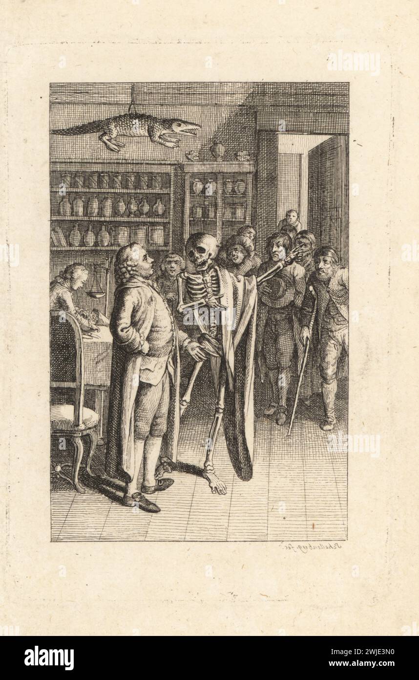 The skeleton of Death guides a quack doctor to his death, 18th century. The apothecary stands in a shop decorated with a crocodile, scales, bottles of drugs, medicines and poisons. A crowd of sick and infirm people watch. Pharmacist. Signature in mirror writing. Der Afterarzt. Copperplate engraving by drawn and engraved by Johann Rudolf Schellenberg from Johan Karl Musaus’s Freund Heins Erscheinungen in Holbeins Manier, (Apparitions of Death in the manner of Holbein), Heinrich Steiner, Winterthur, 1785. Stock Photo