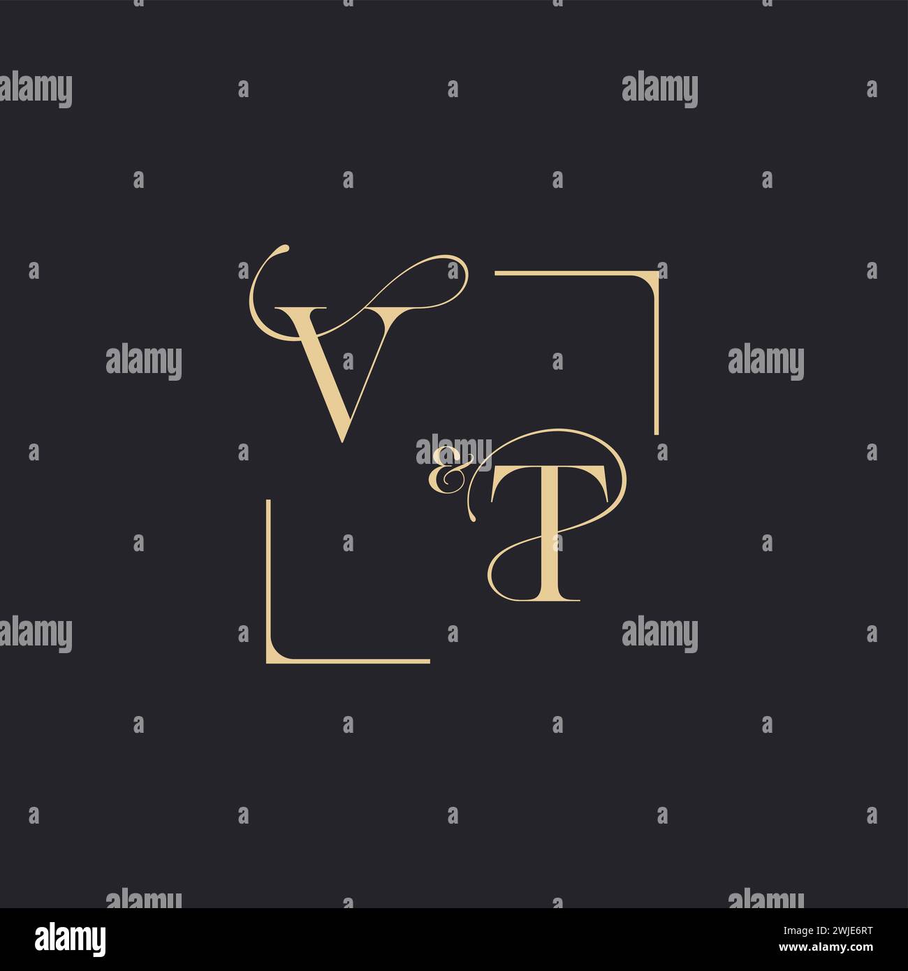 VT simple concept of wedding outline logo and square of initial design gold in white background Stock Vector
