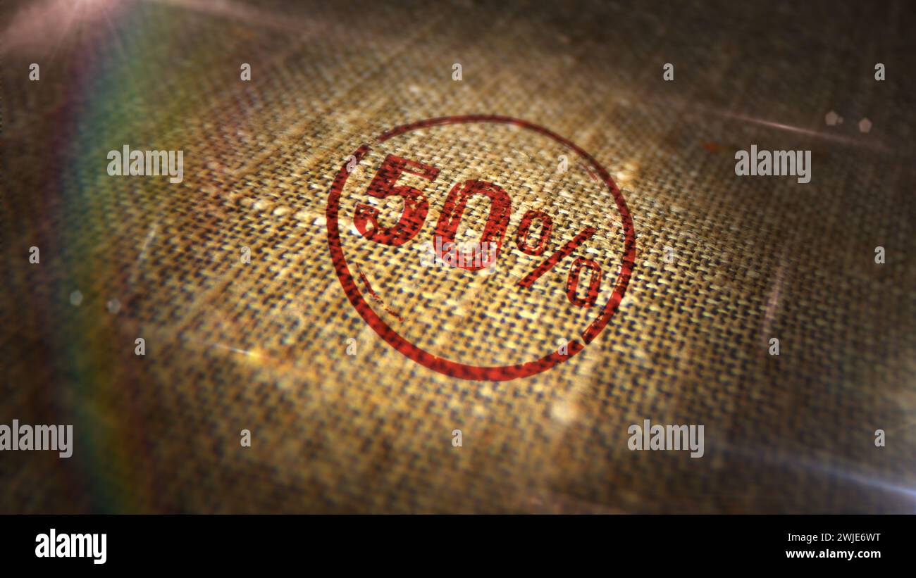 50% 50 percent stamp printed on linen sack. Fifty percentage promotion concept. Stock Photo