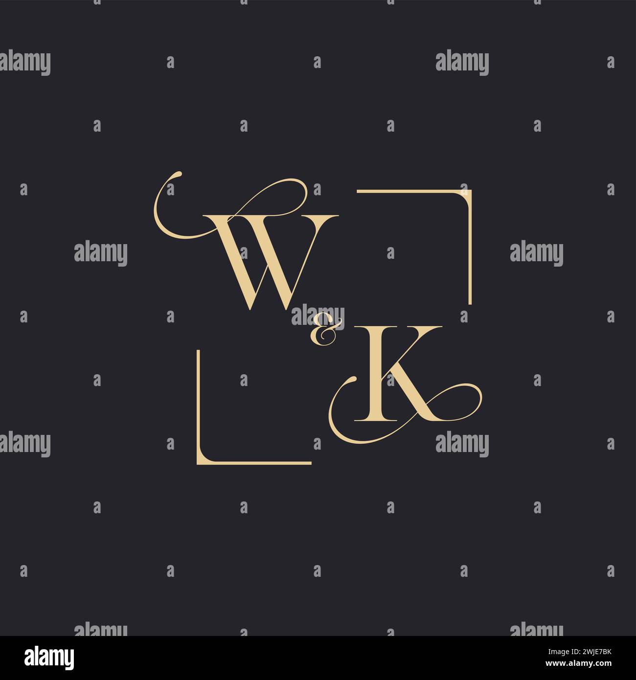 WK simple concept of wedding outline logo and square of initial design gold in white background Stock Vector