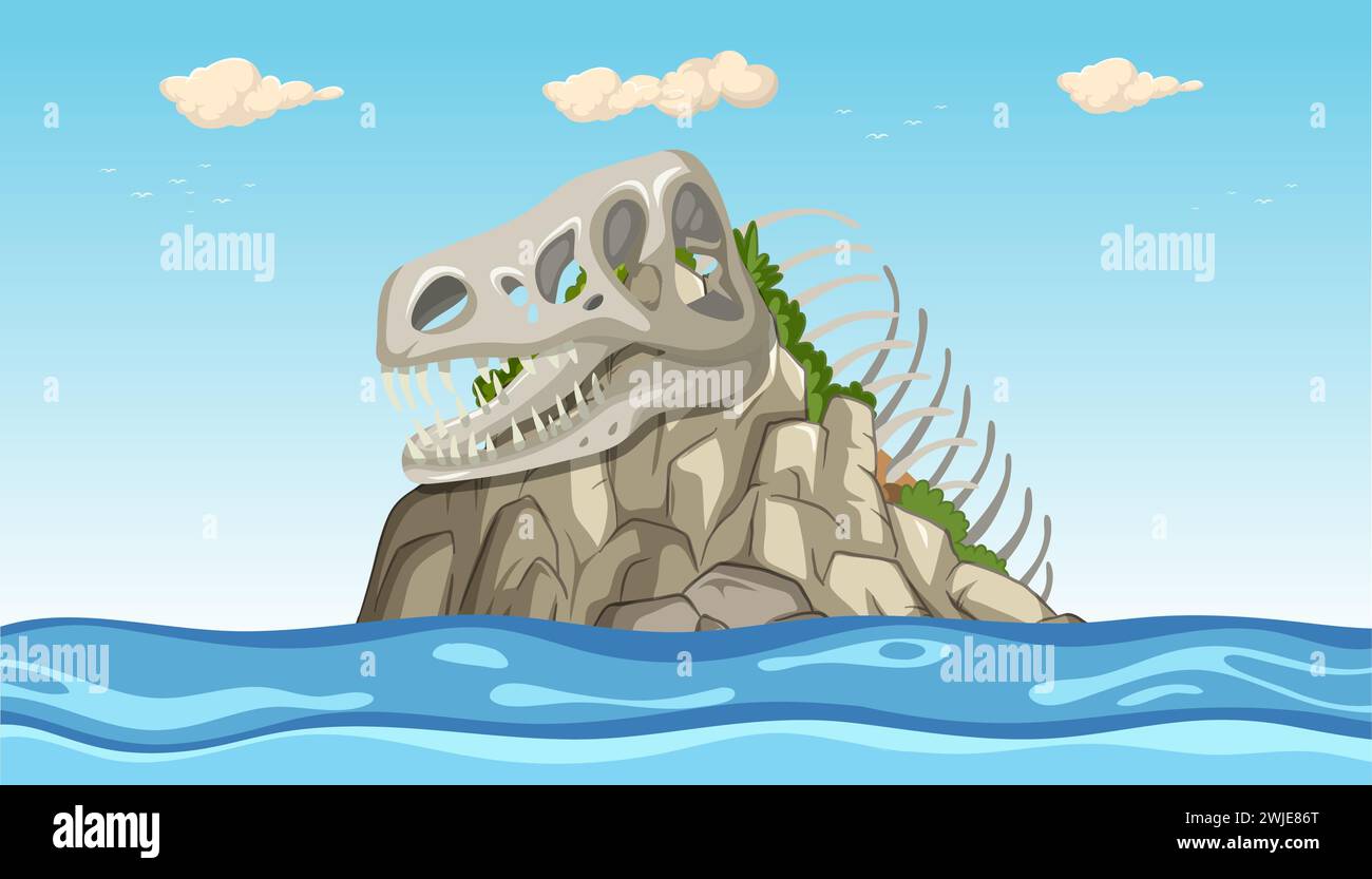 Vector illustration of a dinosaur skull on an island Stock Vector