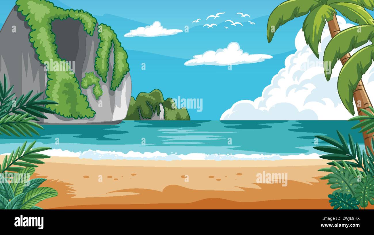 Vector illustration of a serene tropical beach scene Stock Vector Image ...
