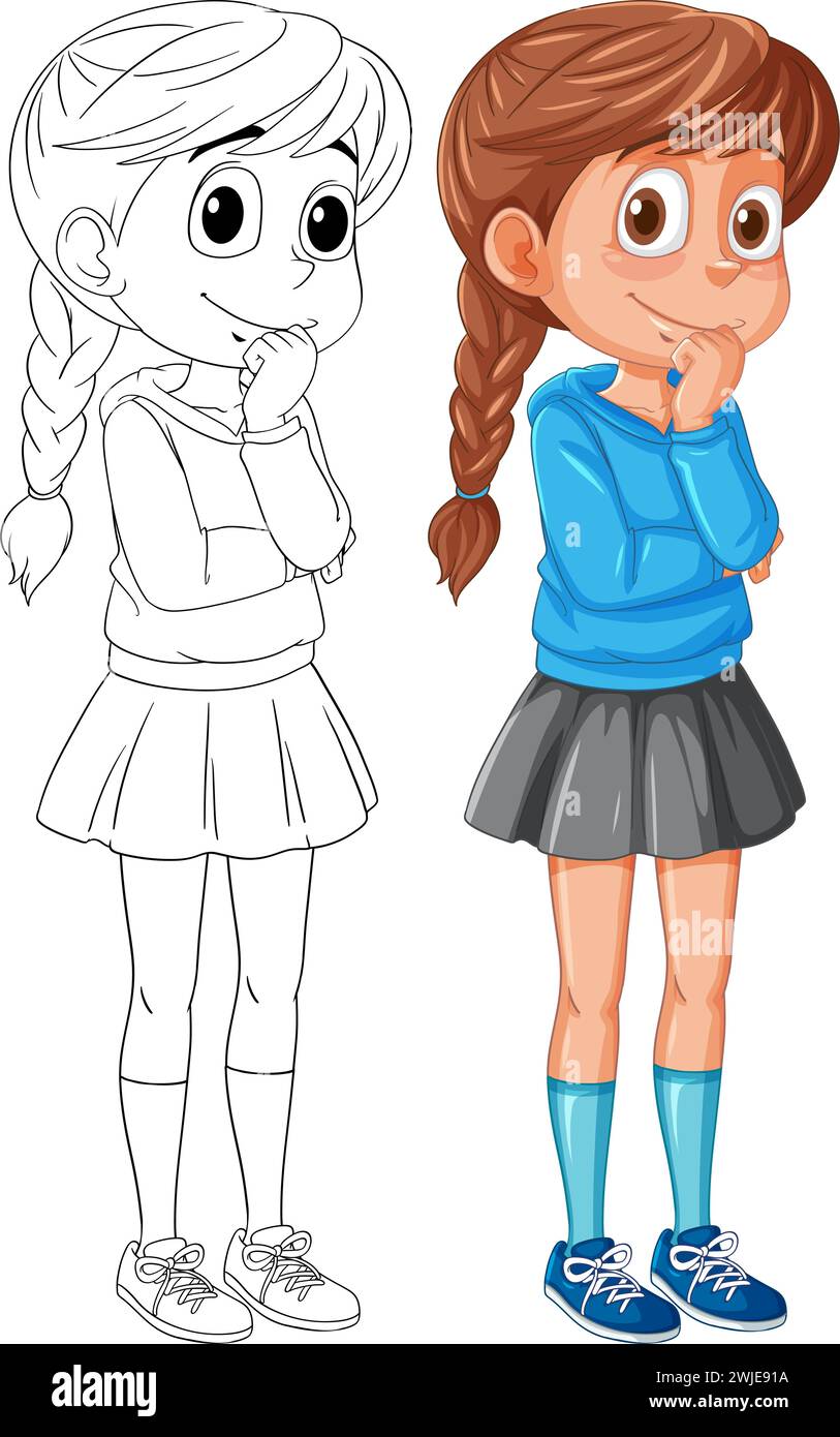 Two versions of a girl, one colored, one sketched Stock Vector Image ...