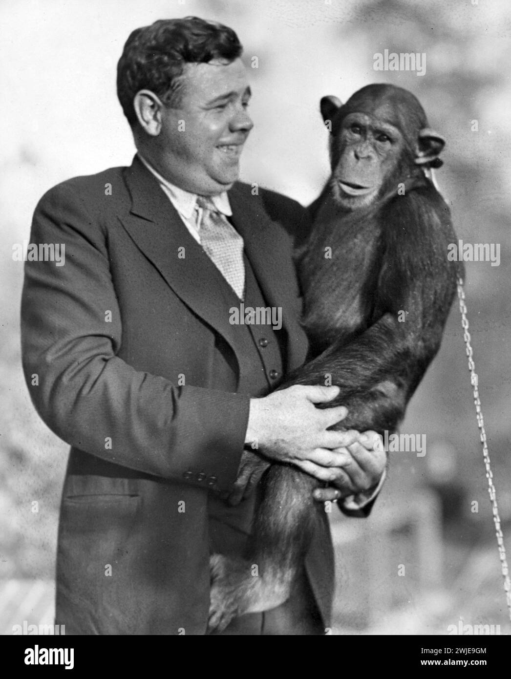 George Herman 'Babe' Ruth holding a Chimpanzee monkey called 'Mike,' at the St. Louis Zoological Park, 1928 Stock Photo