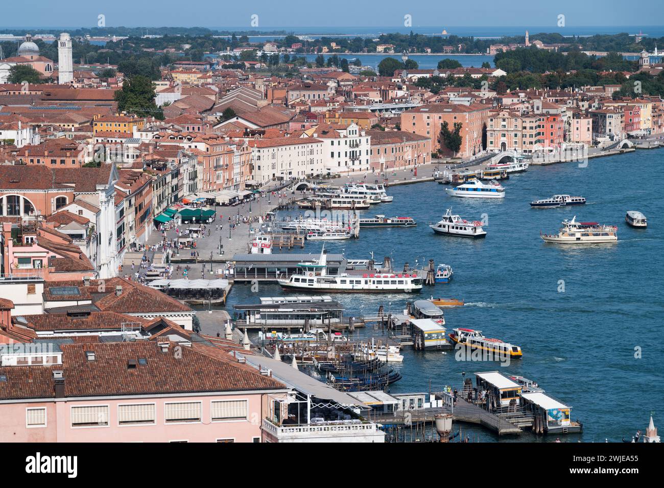 Riva degli Schiavoni waterfront in Castello sestiere in historic centre of Venice, Veneto, Italy, seen from Campanile di San Marco (St Mark’s Campanil Stock Photo