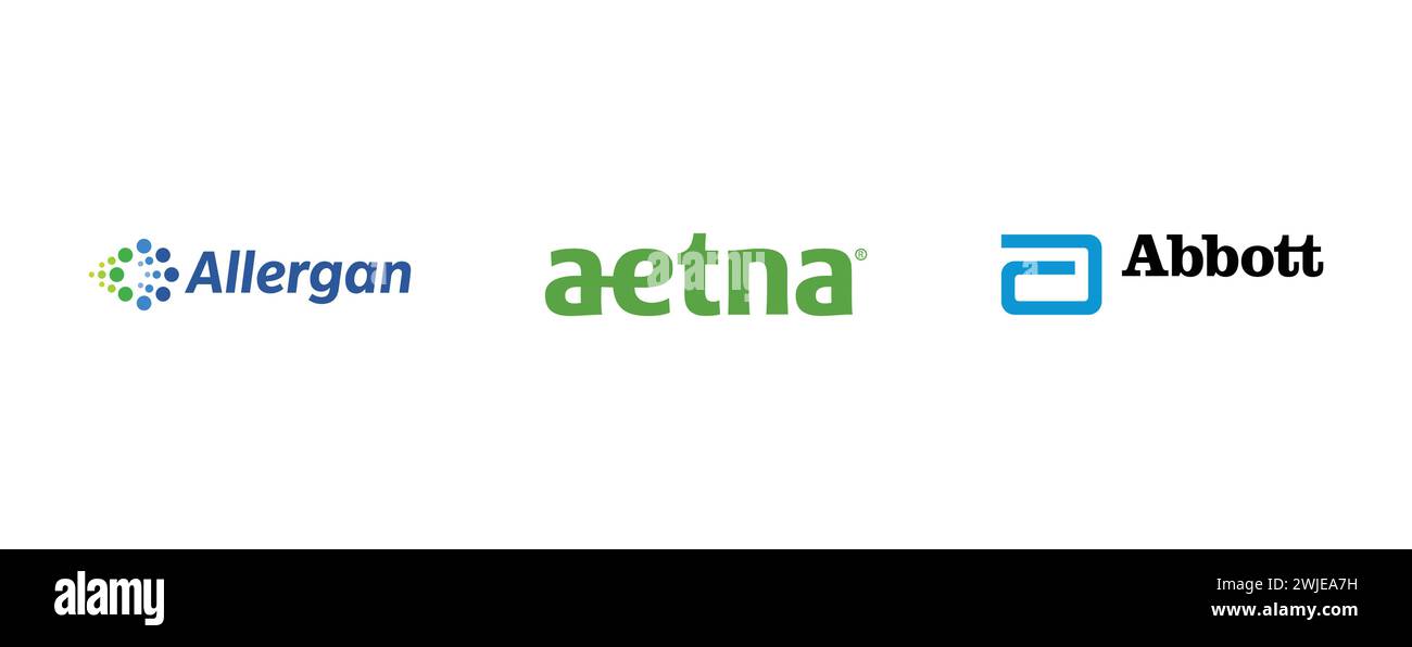 Allergan, Abbott Laboratories, Aetna. Editorial vector illustration