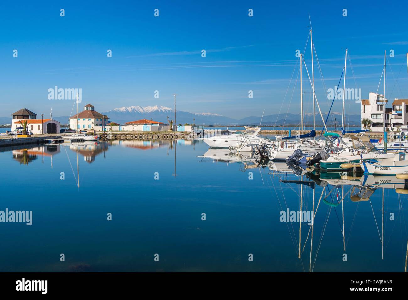 Le Barcares (south of France): the pond of Salses-Leucate viewed from Port Coudalere Stock Photo