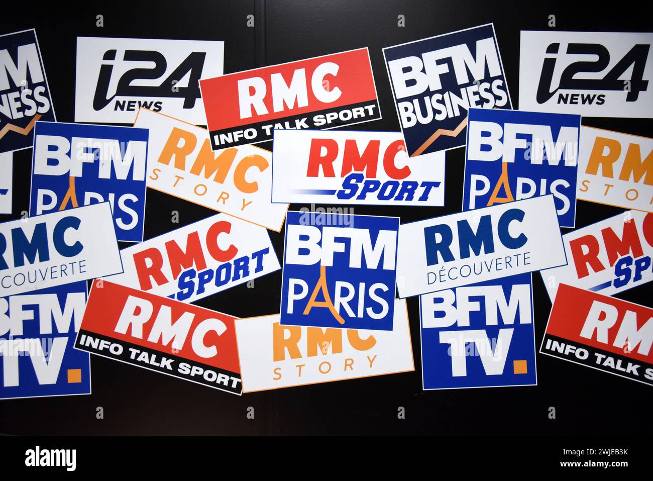 Logos of the Altice Group television channels. I24 News, BFM TV, BFM Business, RMC Sport, RMC Decouverte, BFM Paris, RMC Story, RMC Info Talk Sport Stock Photo