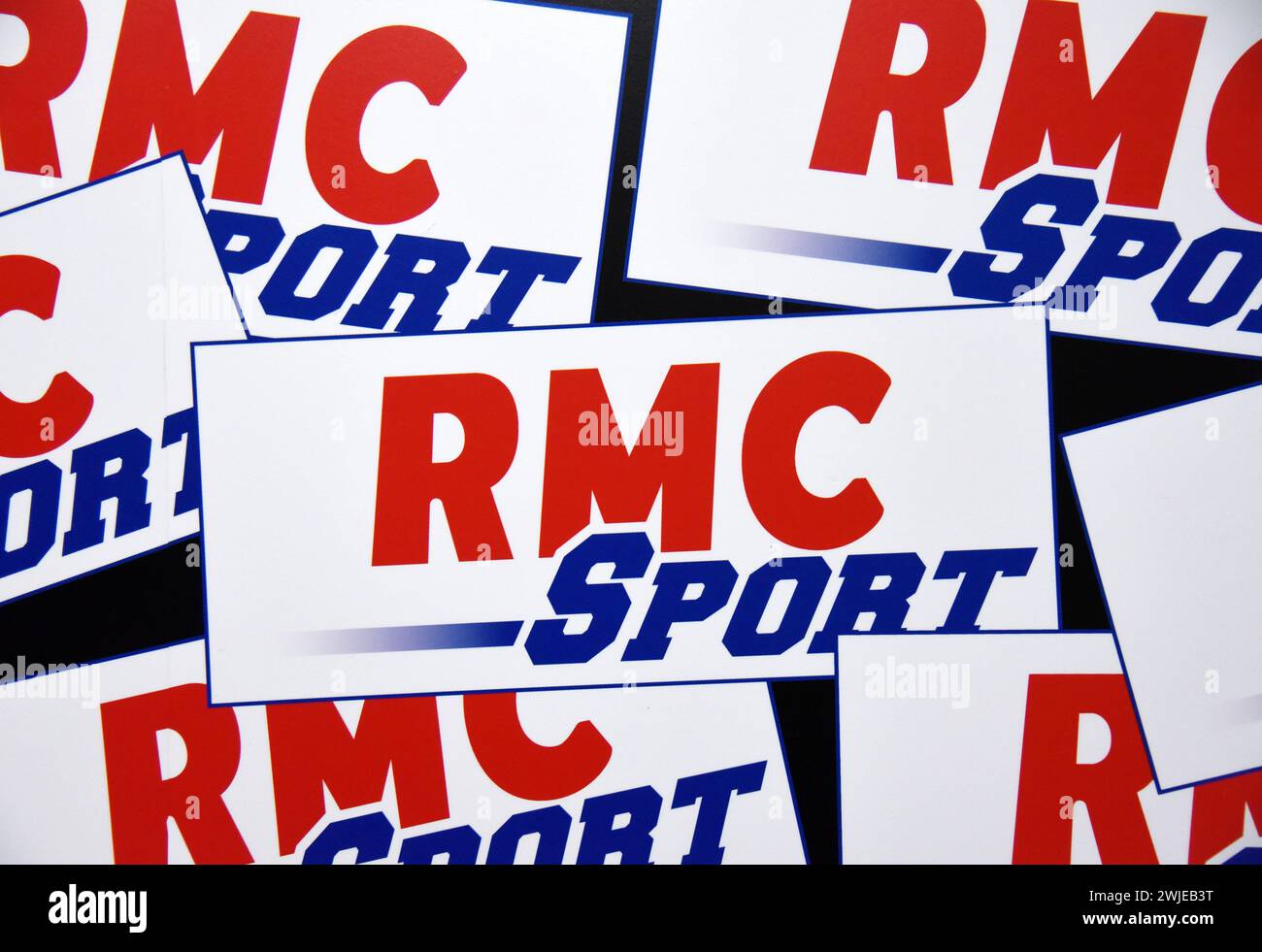 Logos of the TV channel RMC Sport Stock Photo