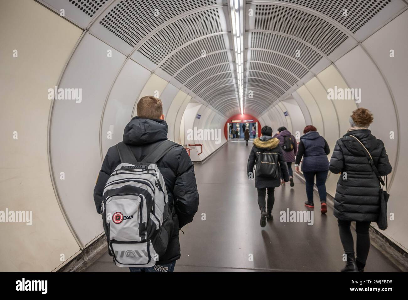 VIENNA, AUSTRIA - 21 November 2023: Walking through a tunnel at Wien Hauptbahnhof Vienna Central Train Station in Austria Stock Photo