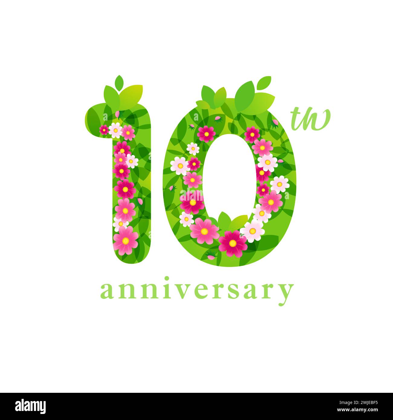 Cute floral number 10. 10th anniversary logo concept. Creative sign with flowers and leaves. Transparent elements and white background. 1 and 0 Stock Vector