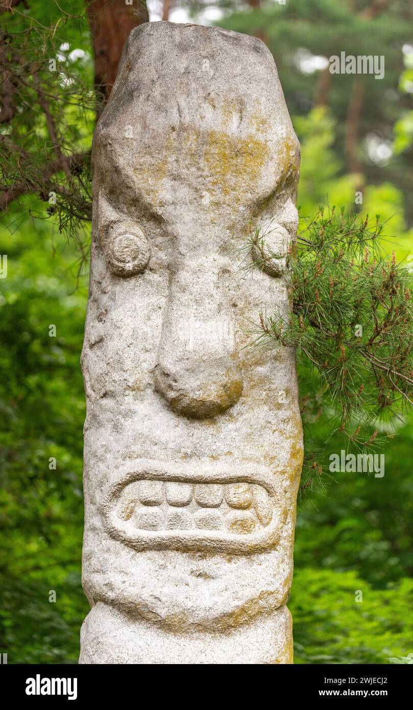 Close up of a Korean stone Totem Pole, Yangsan, Gyeongsangnam-do, Korea, 18 April 2017 Stock Photo