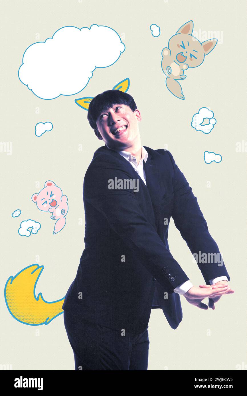 Cheerful man with cartoon animal ears and tail illustrations, dreamy expression with thought bubbles. Conceptual collage. Dreaming about vacation to Stock Photo