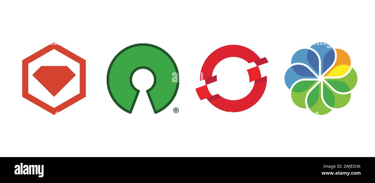 OpenShift, RubyGems, Alfresco, Open Source Initiative. Vector illustration, editorial logo. Stock Vector