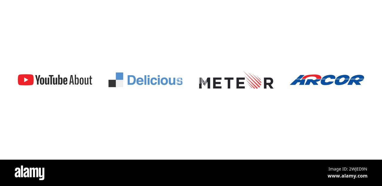 Youtube about, Meteor , Delicious, Arcor Internet Portal. Vector illustration, editorial logo. Stock Vector