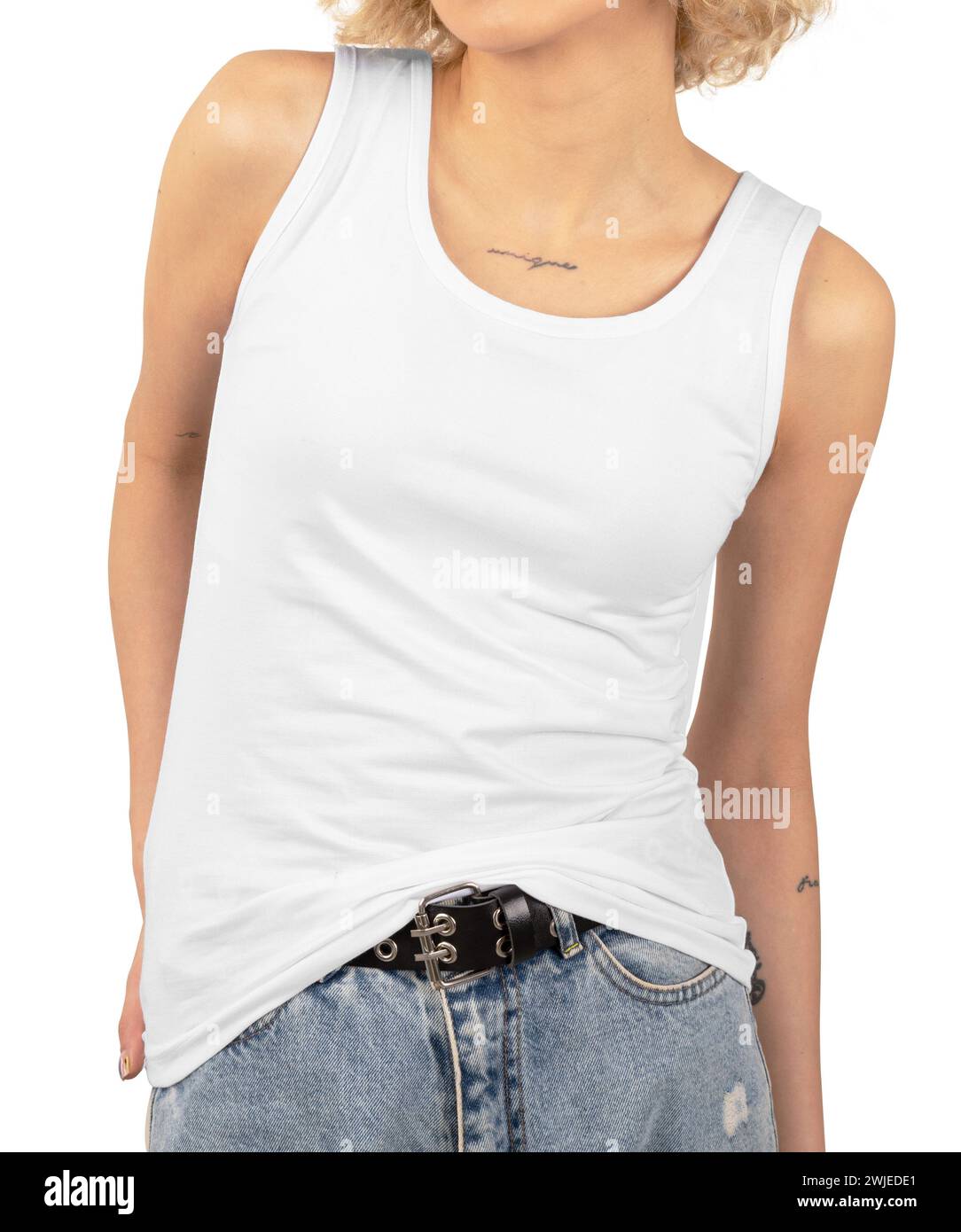 Woman wearing White Tank Top, white background. Mockup, Blank, ready for design. Stock Photo