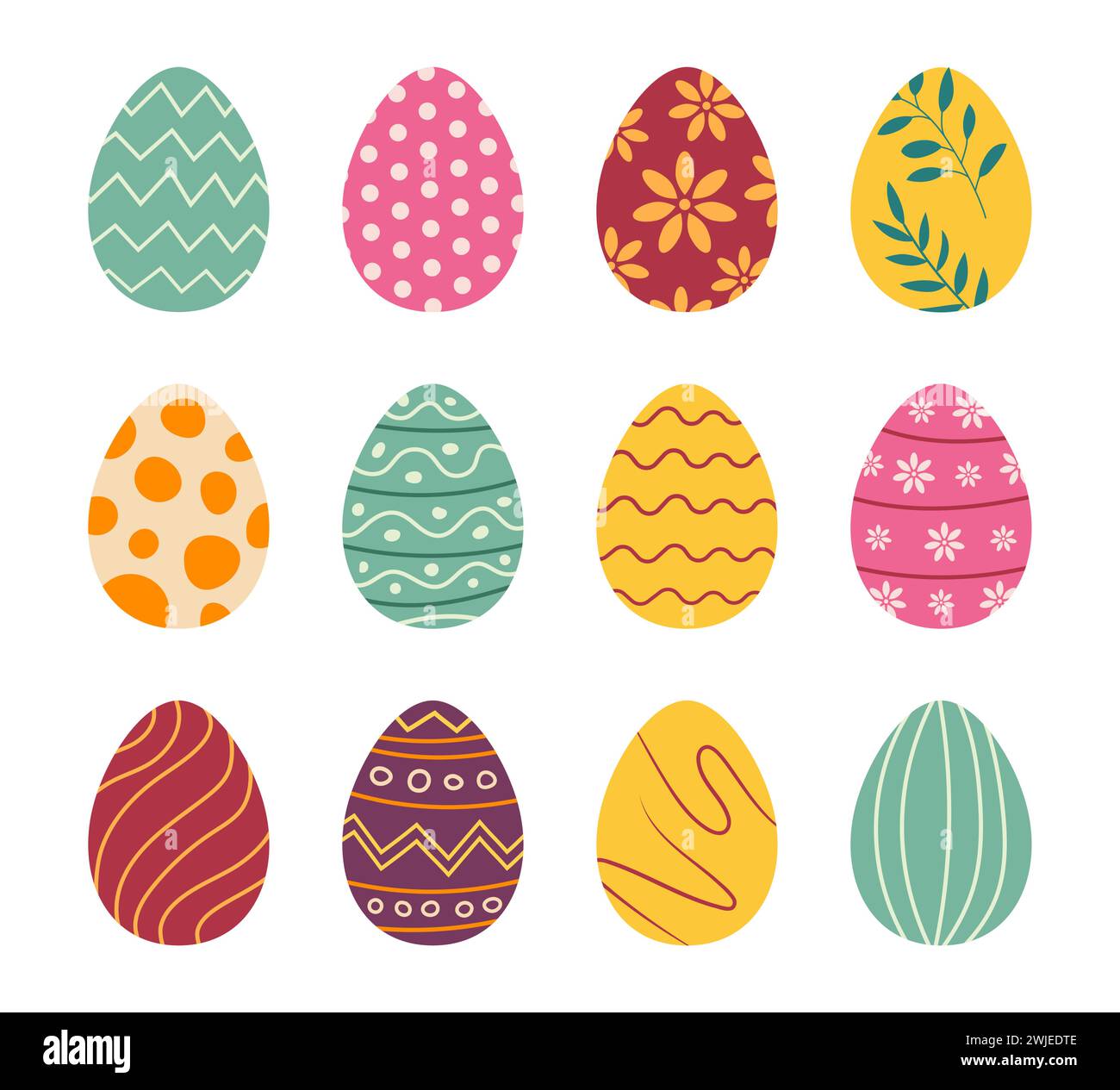 Set of easter eggs flat design on white background. Happy easter decorative elements. Stock Vector