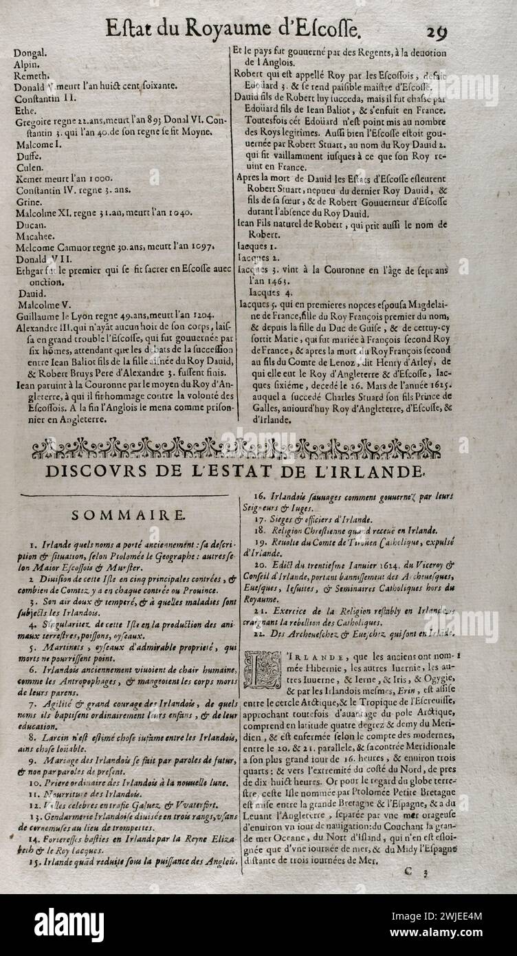 'Les Estats, Empires, Royaumes et Principautez du Monde' (The States, Empires, Kingdoms and Principalities of the World), by D. T. V. Y. (Pierre d'Avity, 1573-1635). Statement of the State of Ireland, summary. Edition printed in Geneva by Samuel Chouët, 1665. Stock Photo