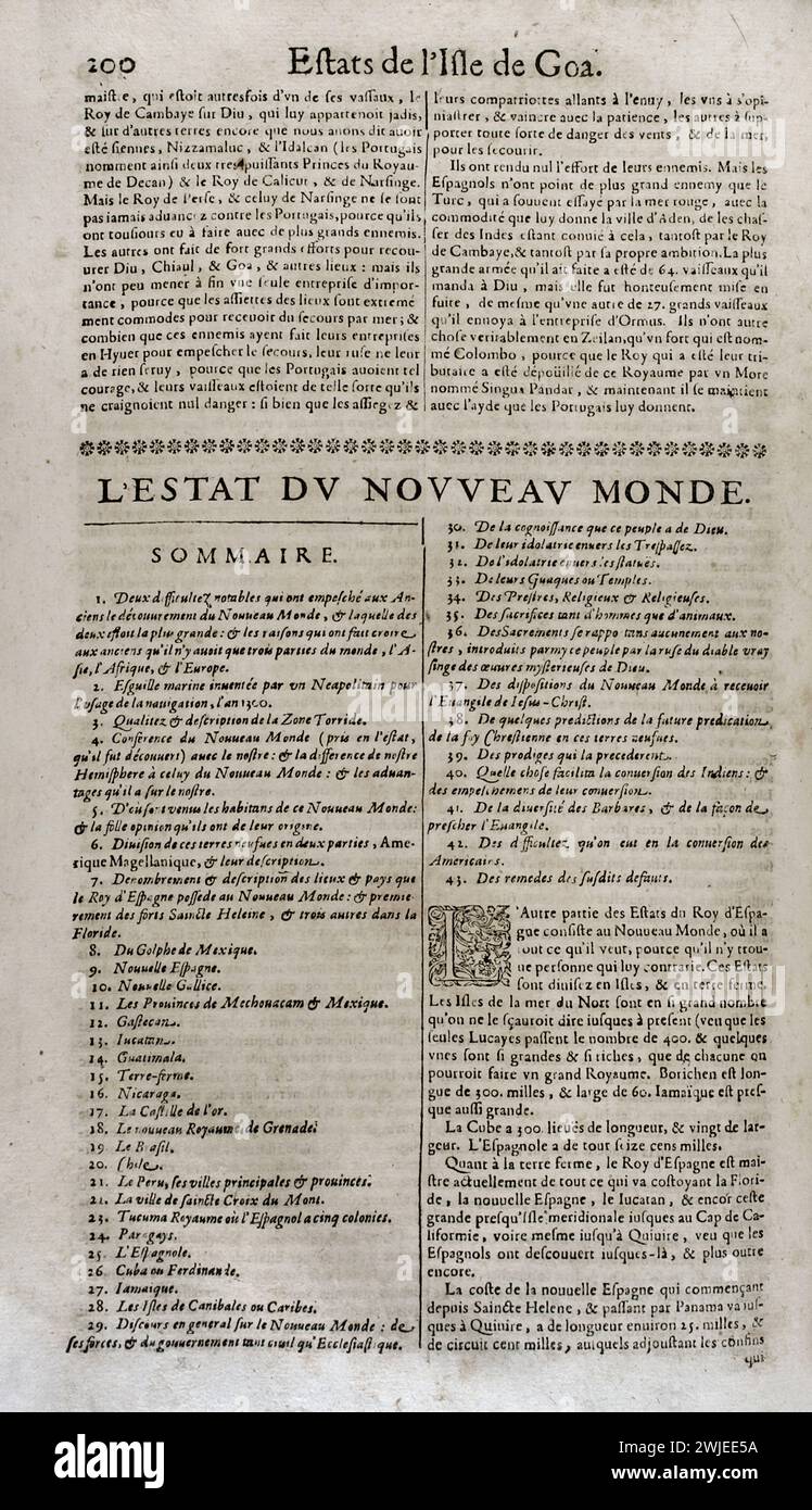 'Les Estats, Empires, Royaumes et Principautez du Monde' (The States, Empires, Kingdoms and Principalities of the World), by D. T. V. Y. (Pierre d'Avity, 1573-1635). The State of the New World, summary. Edition printed in Geneva by Samuel Chouët, 1665. Stock Photo