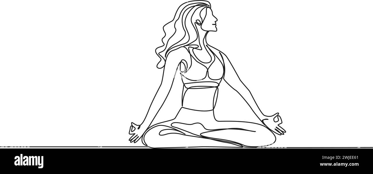 continuous single line drawing of fit woman meditating on floor, line art vector illustration Stock Vector